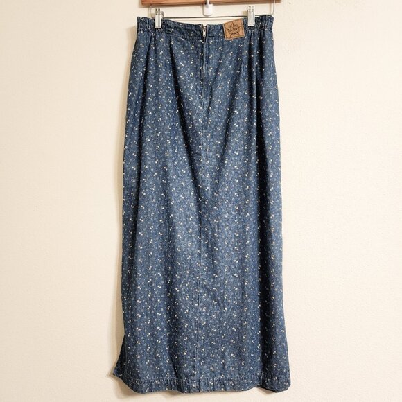 Vtg AMI Women Denim/Jean Midi Fit Flare Floral Skirt Sz10 Y2K Retro Look Western - Picture 10 of 14
